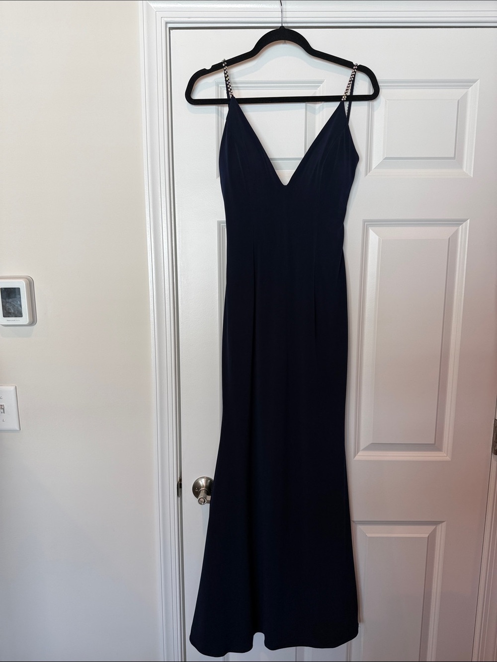 Jovani Navy V-Neck Evening Gown size 6 altered from top of strap to hem 56” - Picture 4 of 6